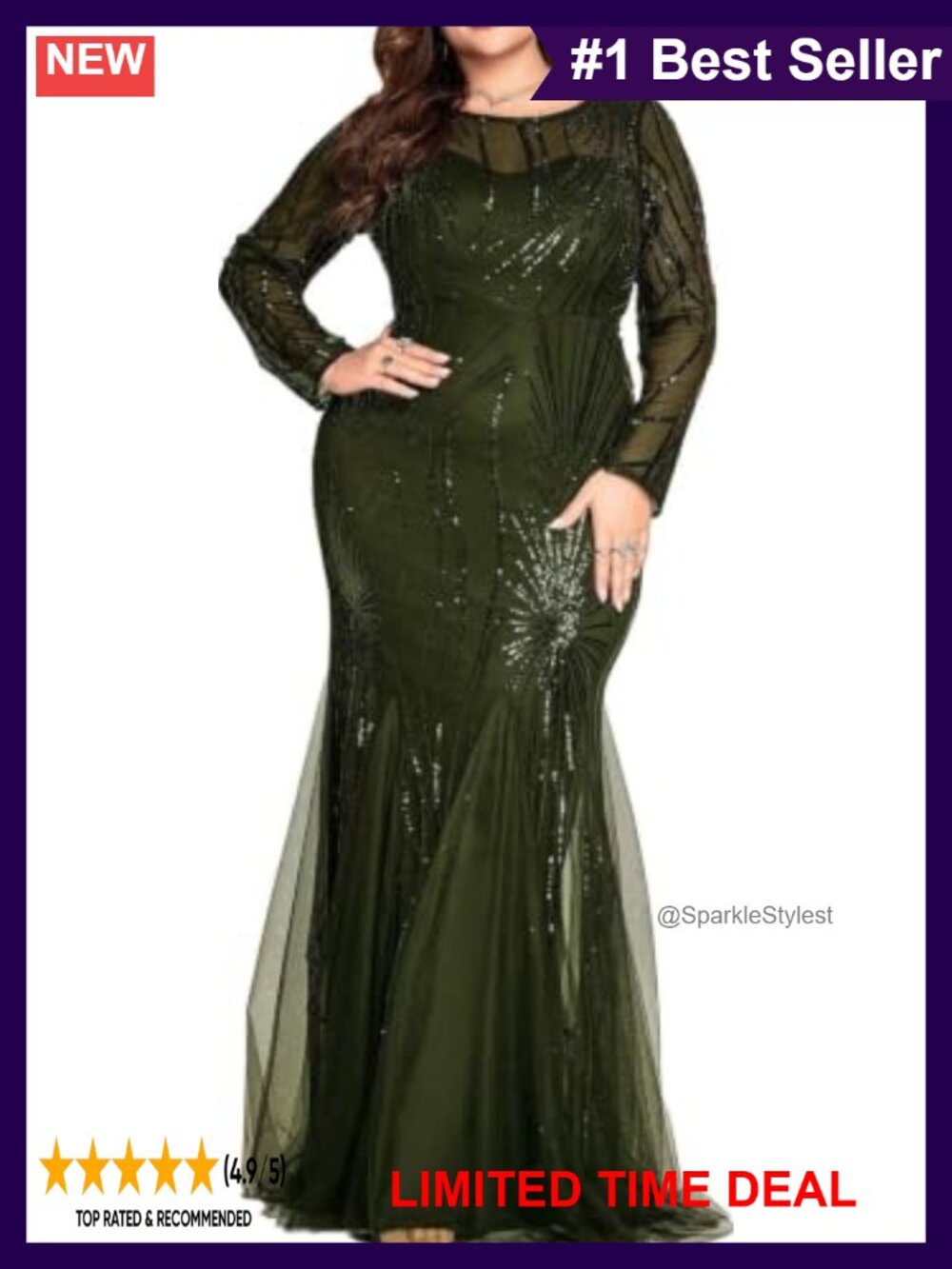 Plus Size Long Sleeve Sequin Mermaid Evening Gown Formal Dress